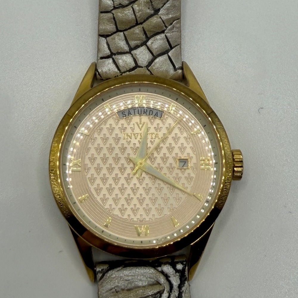 Invicta 18473 Women Gold Tone Day Date Watch Silver Snakeskin Leather Strap